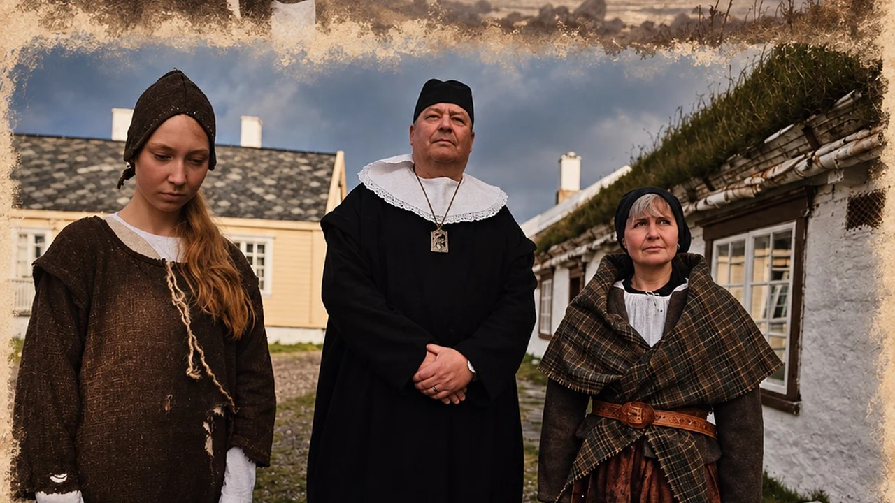 Tre skuespillere fra Vardø Hekseteater i historiske kostymer