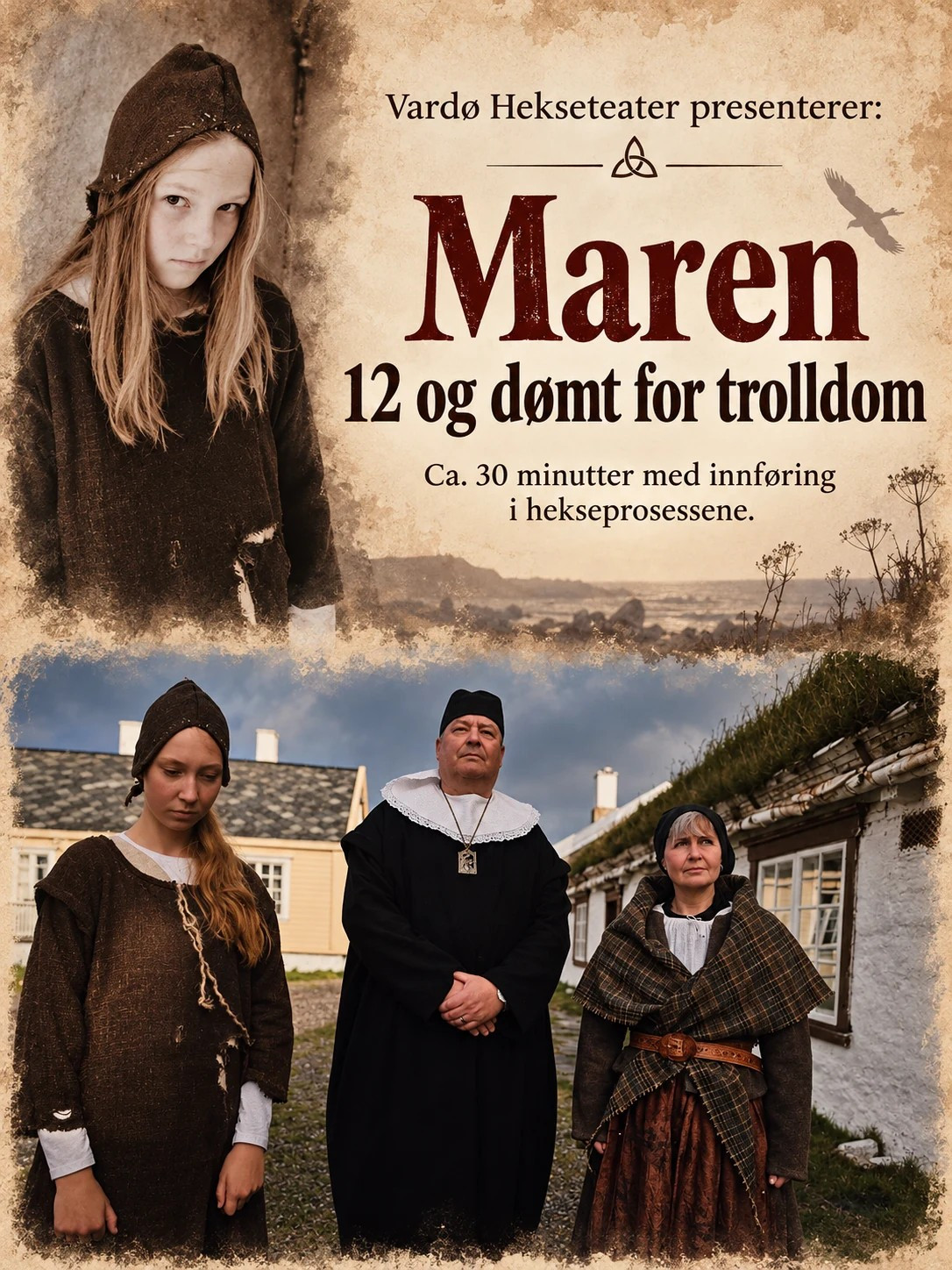 Plakat for Vardø Hekseteaters forestilling Maren – 12 og dømt for trolldom